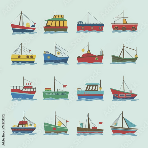 Fishing boat vector illsutration set
