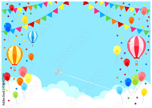 風船、気球、背景、イラスト、かわいい、横型、雲の上、旗、ガーランド photo