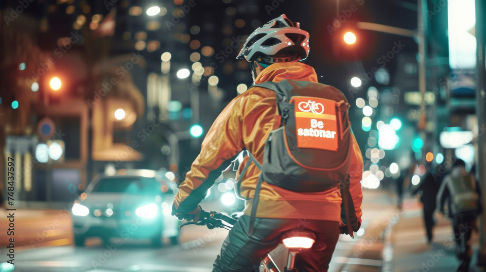 A photo of a person in reflective gear riding a bicycle at night with a sign in the background that reads Be Seen Be Safe Use Reflectors and Lights.