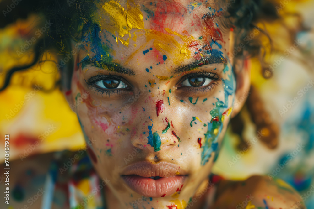 A close-up portrait of a painter with paint splatters on their clothes and a passionate expression