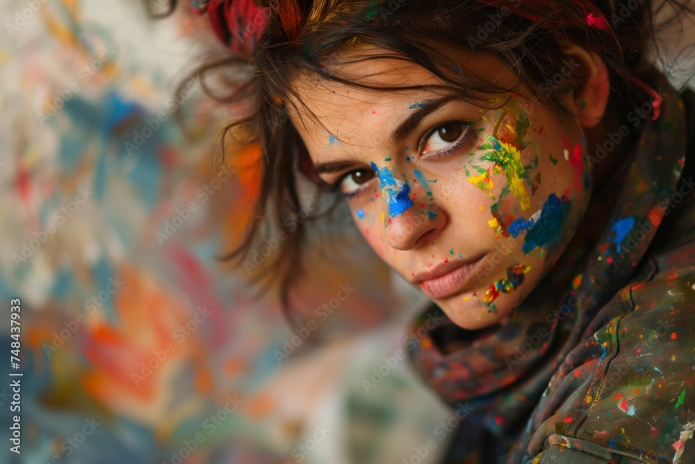 A close-up portrait of a painter with paint splatters on their clothes and a passionate expression A close-up portrait of a painter with paint splatters on their clothes and a passionate expression
