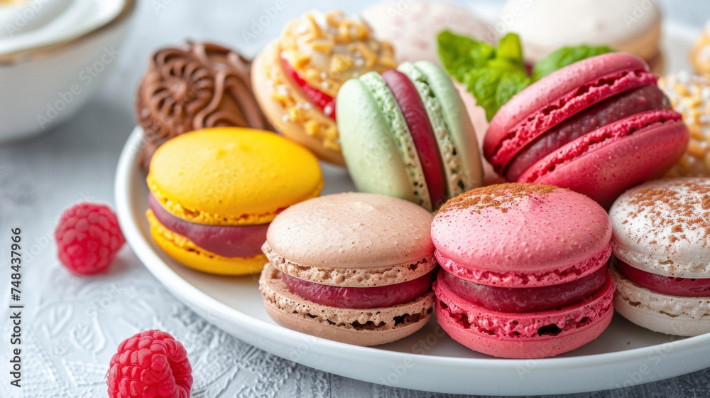 A plate of delicate French macarons in an array of vibrant colors and flavors including pistachio raspberry and lemon. A plate of delicate French macarons in an array of vibrant colors and flavors including pistachio raspberry and lemon.