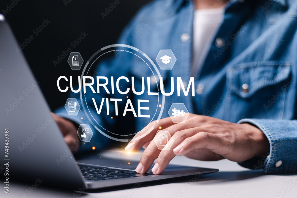 CV, Curriculum vitae concept. Find job, interview web online, Search vacancy, write resume. Businessman use laptop with curriculum vitae icon on virtual screen. CV, Curriculum vitae concept. Find job, interview web online, Search vacancy, write resume. Businessman use laptop with curriculum vitae icon on virtual screen.