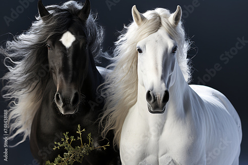 white and black horses at sunset © wendi