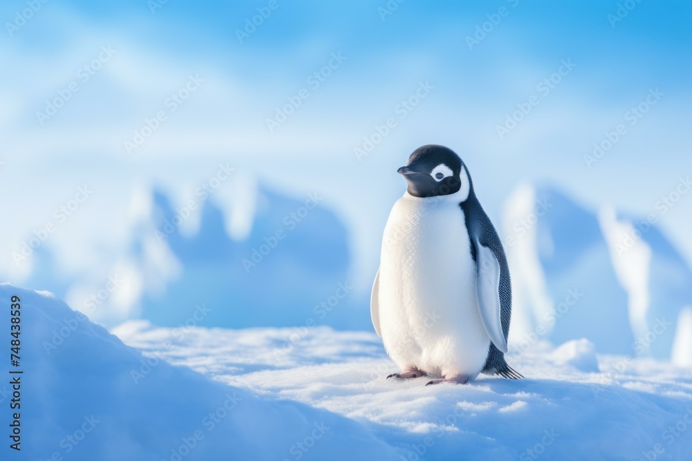 Fototapeta premium Serene Penguin blue background. Water sea beach. Generate Ai