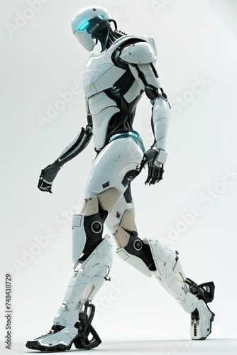Design a futuristic white robot, white and blue.
