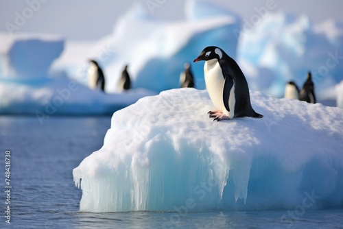 Chilly Penguin ice warming background. Sea wildlife. Generate Ai