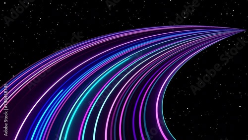 Curve neon lines with glowing speed trails. Appear, slide up and fade way center. Traveling through star fields space colorful light glowing. Space Nebula moving with stars space nebula (Video galaxy)