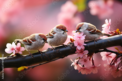 Cute little sparrow sitting on a cherry blossom branch