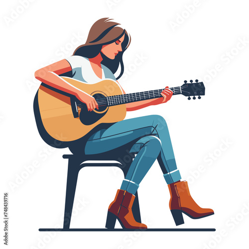 Musician woman playing guitar acoustic vector illustration, female guitarist performing music, String instrument player design template isolated on white background