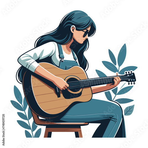 Musician woman playing guitar acoustic vector illustration, female guitarist performing music, String instrument player design template isolated on white background