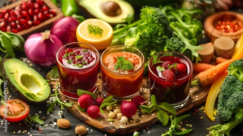 Healthy vegan food. Fresh vegetables on wooden background. Detox diet. Different colorful fresh juices.