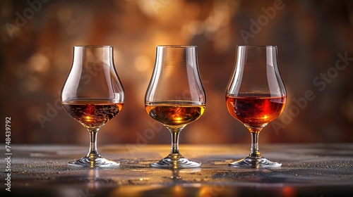 A set of glasses with strong alcoholic drinks whiskey, brandy, cognac or bourbon and rum. Side view. Strong aged alcoholic drinks. On a concrete background