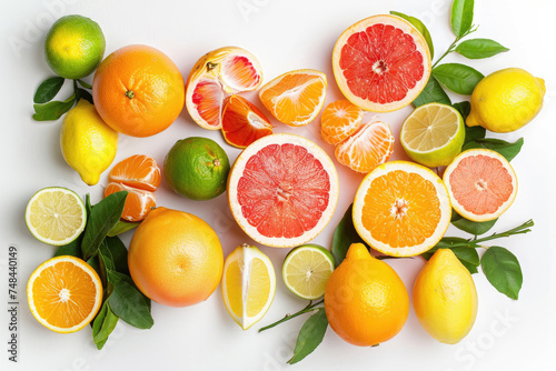 A vibrant assortment of citrus fruits arranged artfully on a pristine white background