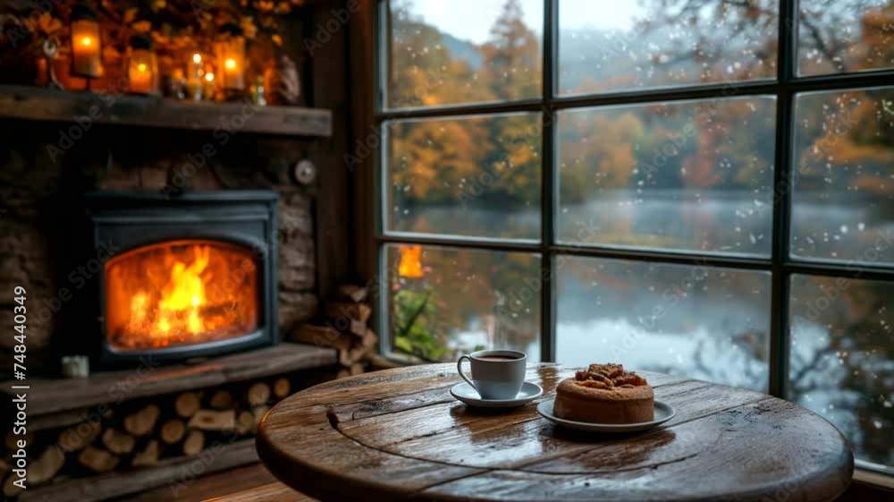Bread and coffee cup with fireplace indoor. Seamless looping time-lapse 4k video animation background