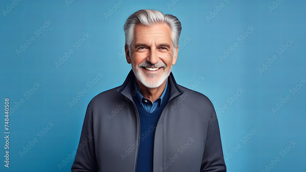 Fototapeta premium Elderly Man Smiling Face Expression Concept. Photo of retired grey haired old man shiny smile excited casually wear blue shirt and grey jacket isolated blue color background.