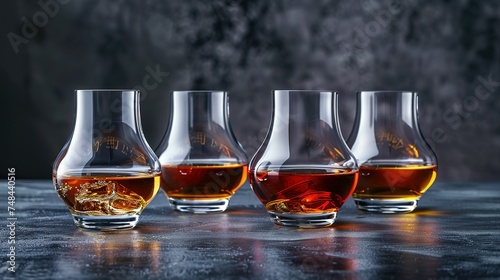 A set of glasses with strong alcoholic drinks whiskey, brandy, cognac or bourbon and rum. Side view. Strong aged alcoholic drinks. On a concrete background