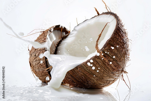 A fresh coconut cracked open, revealing its milk and flesh