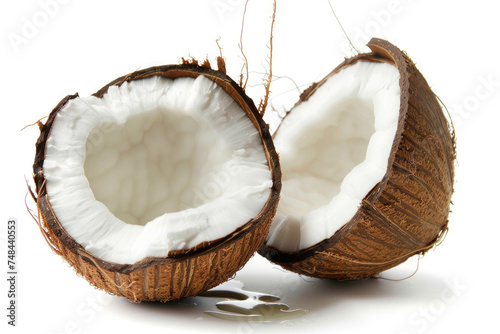 A fresh coconut cracked open, revealing its milk and flesh