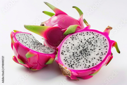 A vibrant dragon fruit slice, with its unique pattern, on white