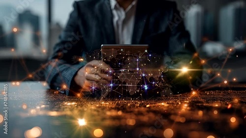 Businessman holding computer tablet with virtual connection lights. Seamless looping time-lapse 4k video animation background photo