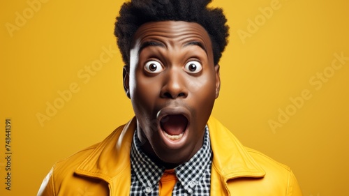 Portrait of surprised man with his mouth open on yellow background