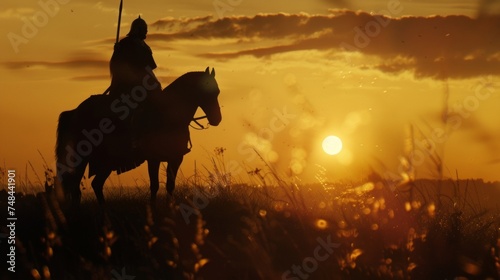 As the sun sets behind him a Hunnic horseman stands tall on his steed his silhouette a symbol of fear and conquest. photo