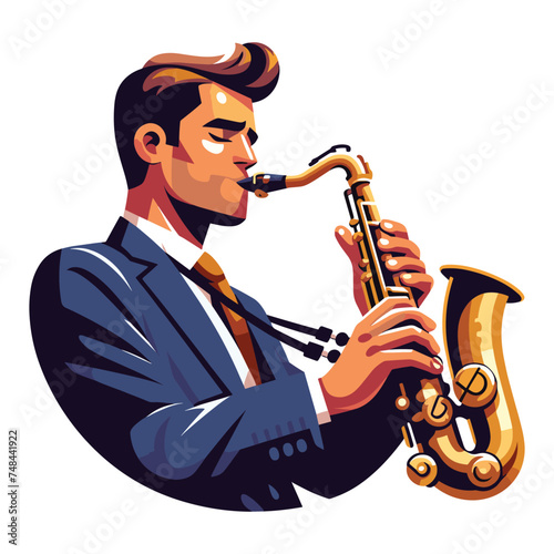 Musician playing saxophone, music player performing solo, holding sax instrument in hands, man saxophonist, jazz and blues performance. Flat vector illustration isolated on white background