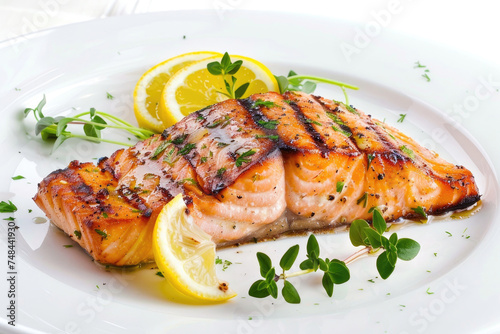 A succulent grilled salmon fillet served on a white plate against a clean white background
