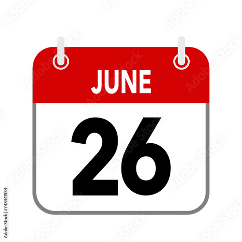 26 June, calendar date icon on white background.