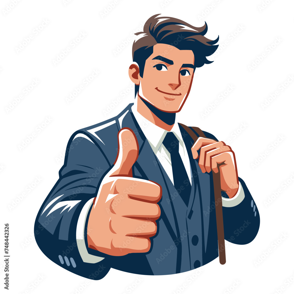 Man giving thumbs up vector illustration, happy guy showing OK gesture, approval sign, positive emotion, work done sign design template isolated on white background