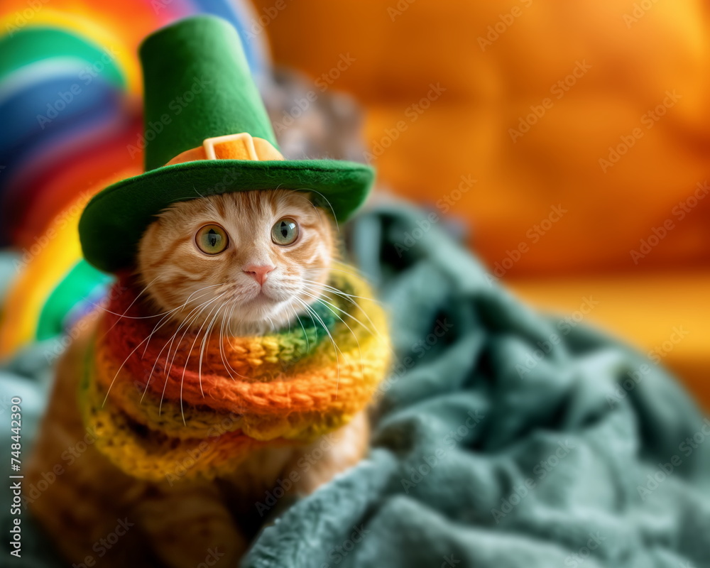 Ginger tabby cat in green St. Patrick’s Day hat and rainbow scarf. Saint Patrick Day themed animal photo. Cat dressed in leprechaun hat.