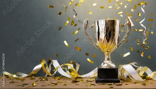 championship cup or winner trophy in golden and silver shiny chrome with celebration confetti and ribbon decoration as wide banner ,trophy