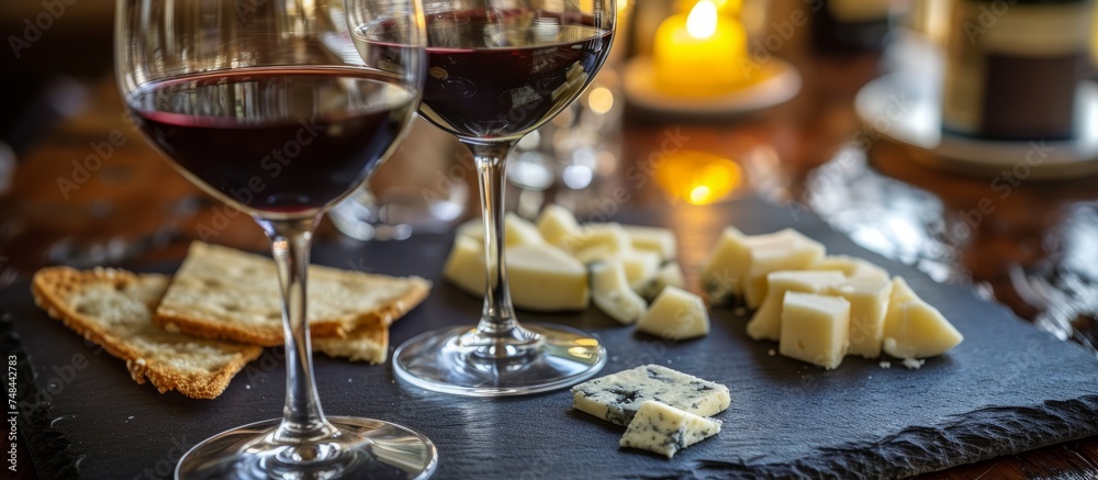 Elegant glass of red wine and assorted cheese plate for a sophisticated wine tasting event