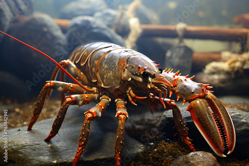 Closeup portrait of a European spiny lobster in a tank in an aquarium