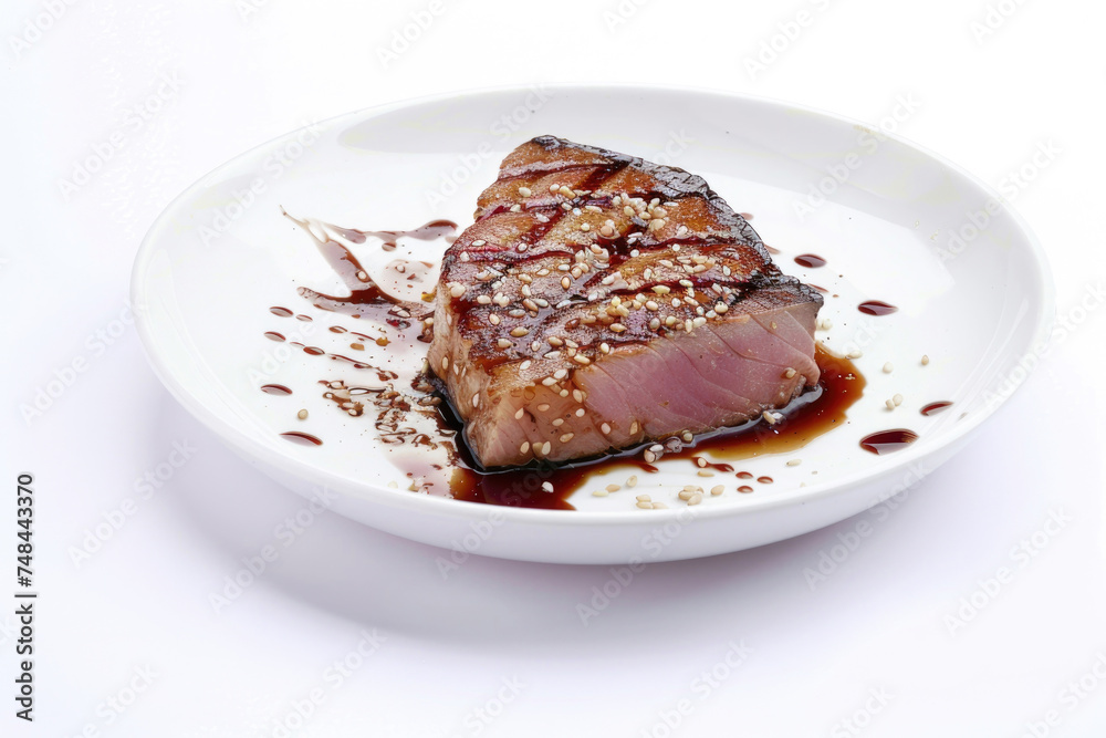A seared tuna steak placed elegantly on a white plate against a pristine white background