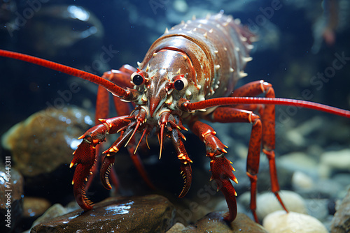 Closeup portrait of a European spiny lobster in a tank in an aquarium