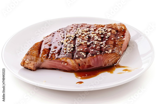 A seared tuna steak placed elegantly on a white plate against a pristine white background
