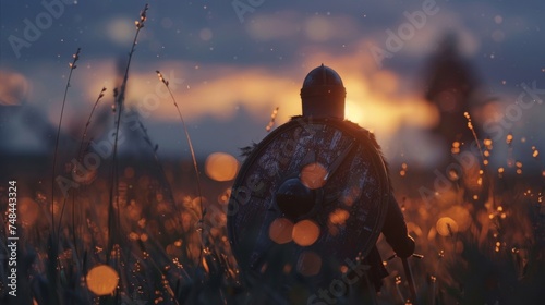 As night falls on the battlefield a Norman Knight stands tall and victorious his sword and shield still at the ready. photo