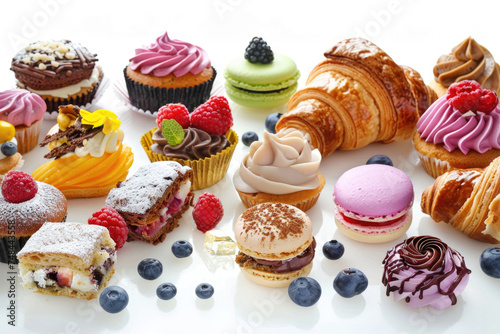 Assorted pastries and desserts elegantly presented on a pristine white background