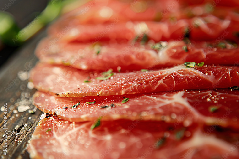 Fresh raw beef slices close-up, healthy food concept illustration