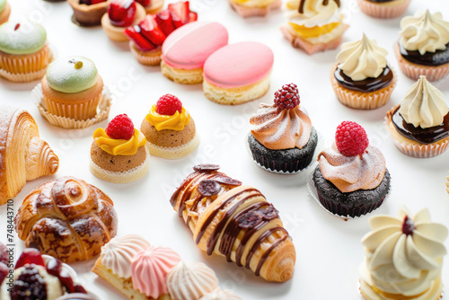 Assorted pastries and desserts elegantly presented on a pristine white background