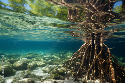 Split View Of Mangrove tree Over and Under The water