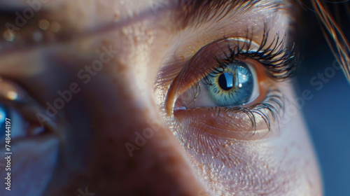 A closeup of a persons happy healthy eyes showcasing the positive impact of the smart contact lenses on their overall wellbeing.