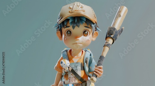 A super cute boy with a baseball cap,holding a baseball bat carrying a bag,popomart toys blindbox toys,full-body shot,full body Anime 3D atework,C4D blender photo