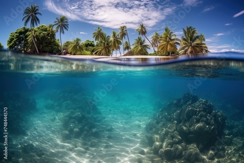 Azure Caribbean sea view. Lagoon bay island. Generate Ai