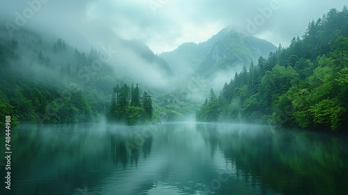 Misty morning in the mountains with river, Winter landscape of the river. Created with Ai