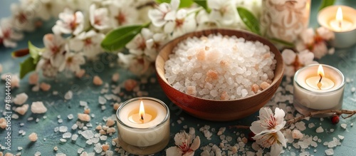 Tranquil ambiance with white salt bowl and glowing candle lights for relaxation and meditation