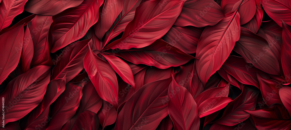 Dark red tropical leaves texture background with copy space, flat lay