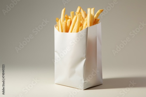 Disposable Paper bag of fast food photo. Shop pack fries. Generate Ai © juliars
